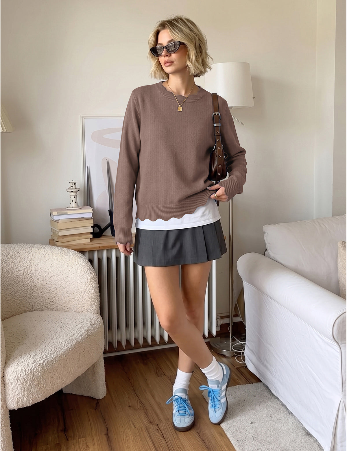 LOMON Sweaters for Women Fall Scalloped Long Sleeve Pullover