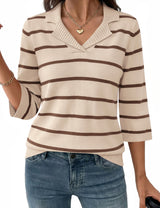 LOMON Womens Collared V Neck 3/4 Sleeve Sweaters Knit Pullover Tops
