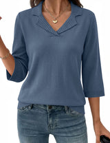 LOMON Womens Collared V Neck 3/4 Sleeve Sweaters Knit Pullover Tops