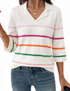 LOMON Womens Collared V Neck 3/4 Sleeve Sweaters Knit Pullover Tops