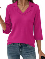 LOMON Womens Collared V Neck 3/4 Sleeve Sweaters Knit Pullover Tops