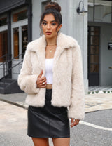 LOMON Faux Fur Coat Women Two-Tone Cropped Fluffy Jacket