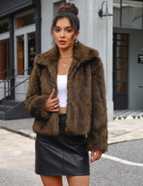 LOMON Faux Fur Coat Women Two-Tone Cropped Fluffy Jacket