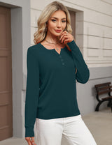 LOMON Womens Wool Blend Long Sleeve Sweaters V Neck Henley Pullover Tops