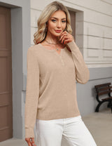 LOMON Womens Wool Blend Long Sleeve Sweaters V Neck Henley Pullover Tops