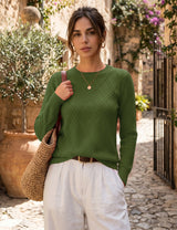 LOMON Women's Cable Knit Sweater Long Sleeve Crew Neck Fall Tops