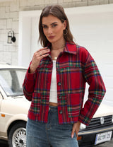 LOMON Women's Flannel Cropped Plaid Shacket Jacket Button Down Fall Outfits