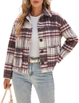 LOMON Women's Flannel Cropped Plaid Shacket Jacket Button Down Fall Outfits