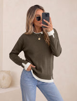LOMON Womens Sweaters Cozy Long Sleeve Pullover Tops Faux Layered Sweaters