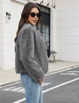 LOMON Women's Winter Cropped Faux Fur Coat Long Sleeve Open Front Cardigan