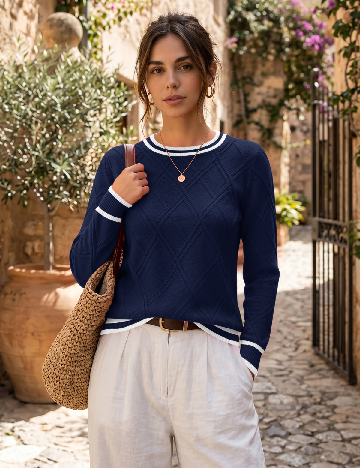 LOMON Women's Cable Knit Sweater Long Sleeve Crew Neck Fall Tops