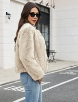LOMON Women's Winter Cropped Faux Fur Coat Long Sleeve Open Front Cardigan