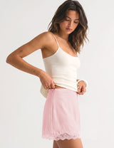 LOMON Women Lace Hem Satin Mini Skirt with Built-in Shorts