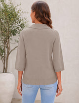 LOMON Womens Collared V Neck 3/4 Sleeve Sweaters Knit Pullover Tops