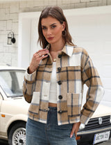 LOMON Women's Flannel Cropped Plaid Shacket Jacket Button Down Fall Outfits