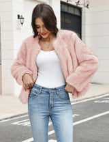 LOMON Women's Winter Cropped Faux Fur Coat Long Sleeve Open Front Cardigan