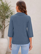 LOMON Womens Collared V Neck 3/4 Sleeve Sweaters Knit Pullover Tops