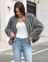 LOMON Women's Winter Cropped Faux Fur Coat Long Sleeve Open Front Cardigan