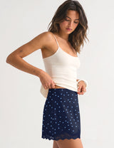 LOMON Women Lace Hem Satin Mini Skirt with Built-in Shorts