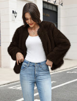 LOMON Women's Winter Cropped Faux Fur Coat Long Sleeve Open Front Cardigan