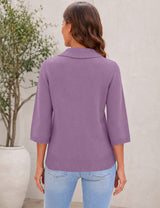 LOMON Womens Collared V Neck 3/4 Sleeve Sweaters Knit Pullover Tops