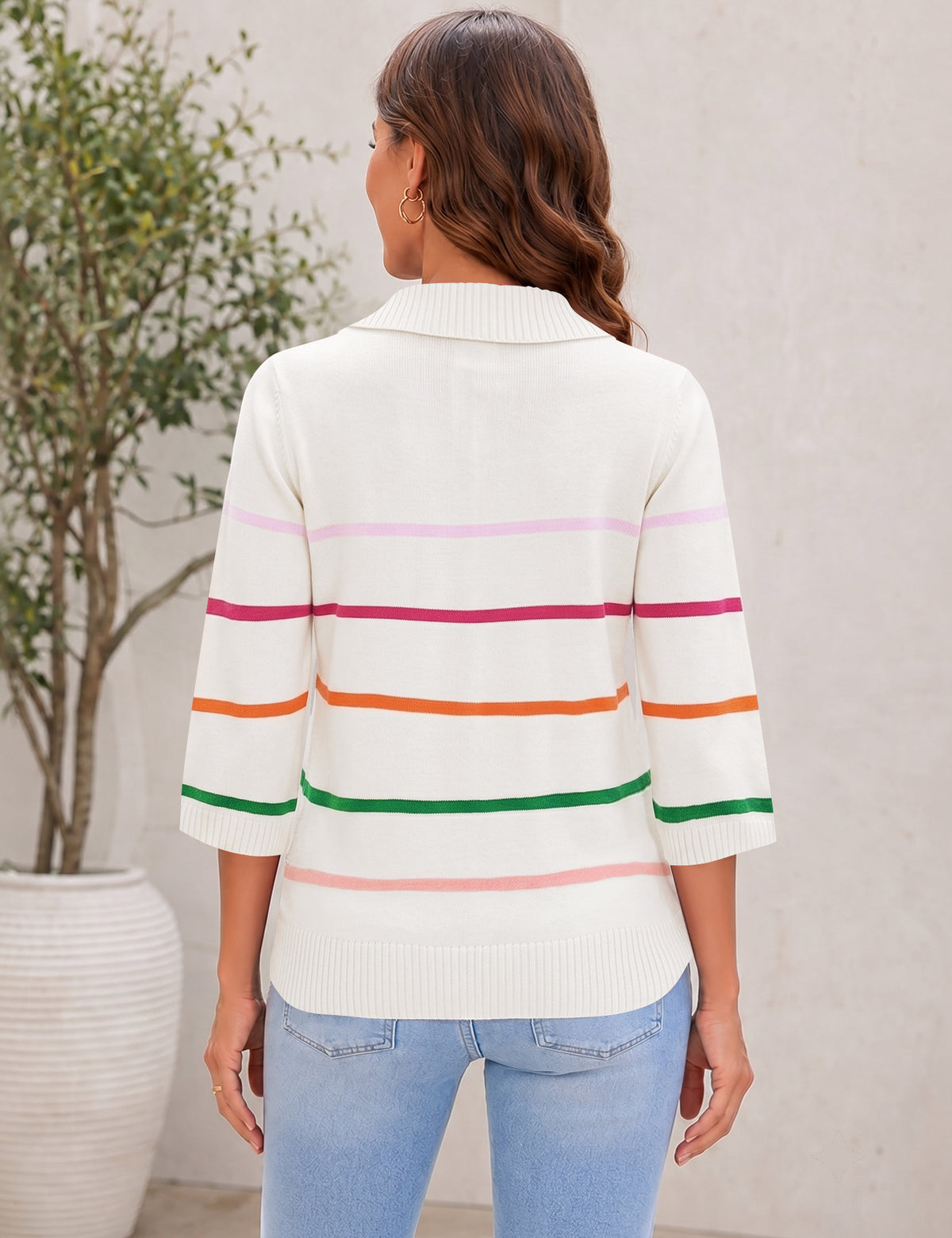 LOMON Womens Collared V Neck 3/4 Sleeve Sweaters Knit Pullover Tops