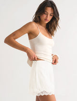 LOMON Women Lace Hem Satin Mini Skirt with Built-in Shorts