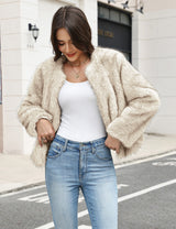 LOMON Women's Winter Cropped Faux Fur Coat Long Sleeve Open Front Cardigan