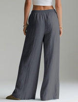 LOMON Linen Pants Women Wide Leg Palazzo Summer Flowy Pants Beach Vacation Clothes Elastic Waist Travel Trousers with Pockets