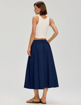 LOMON Midi Skirts for Women A-Line Cotton Flowy Maxi Skirt Boho Summer Beach Casual Elastic Waist Dress Outfit with Pockets