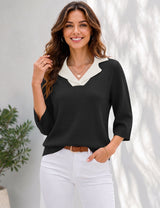 LOMON Womens Collared V Neck 3/4 Sleeve Sweaters Knit Pullover Tops