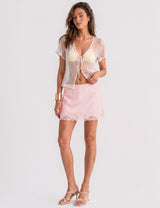 LOMON Women Lace Hem Satin Mini Skirt with Built-in Shorts