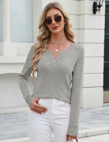 LOMON Womens Wool Blend Long Sleeve Sweaters V Neck Henley Pullover Tops