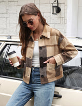 LOMON Women's Flannel Cropped Plaid Shacket Jacket Button Down Fall Outfits
