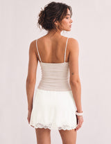 LOMON Women Lace Hem Satin Mini Skirt with Built-in Shorts