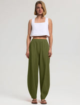 LOMON Linen Barrel Pants Women Wide Leg Palazzo Summer Baggy Harem Pants Boho Casual Trousers with Pockets Beach Vacation