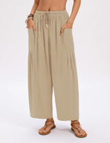 LOMON Womens Wide Leg Linen Pants Casual Drawstring Palazzo Harem Pants Summer Loose Beach Travel Vacation Pants with Pockets