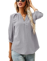 LOMON Women's Casual 3/4 Sleeve Henley V-Neck Button Up Pleated Back Blouses Swiss Dot Blouse Tops T-Shirts S-XXL