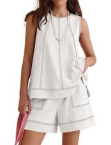 LOMON Womens Two Piece Short Sets Summer Round Neck Sleeveless Tank Tops Drawstring Elastic Waist Shorts with Pockets