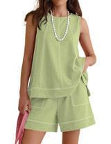LOMON Womens Two Piece Short Sets Summer Round Neck Sleeveless Tank Tops Drawstring Elastic Waist Shorts with Pockets