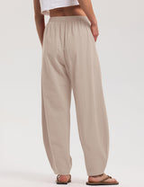 LOMON Linen Barrel Pants Women Wide Leg Palazzo Summer Baggy Harem Pants Boho Casual Trousers with Pockets Beach Vacation