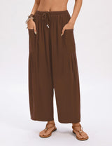 LOMON Womens Wide Leg Linen Pants Casual Drawstring Palazzo Harem Pants Summer Loose Beach Travel Vacation Pants with Pockets