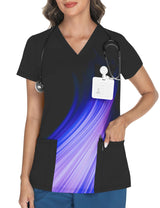 LOMON Women's V Neck Printed Scrub Top with 3 Pockets