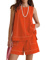 LOMON Womens Two Piece Short Sets Summer Round Neck Sleeveless Tank Tops Drawstring Elastic Waist Shorts with Pockets