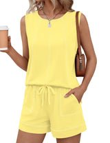LOMON Womens Two Piece Short Sets Summer Round Neck Sleeveless Tank Tops Drawstring Elastic Waist Shorts with Pockets