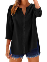 LOMON 3/4 Length Sleeve Womens Tops V Neck 3/4 Sleeve Sides Slit Button Down Shirts Cotton Linen Casual Loose Blouses