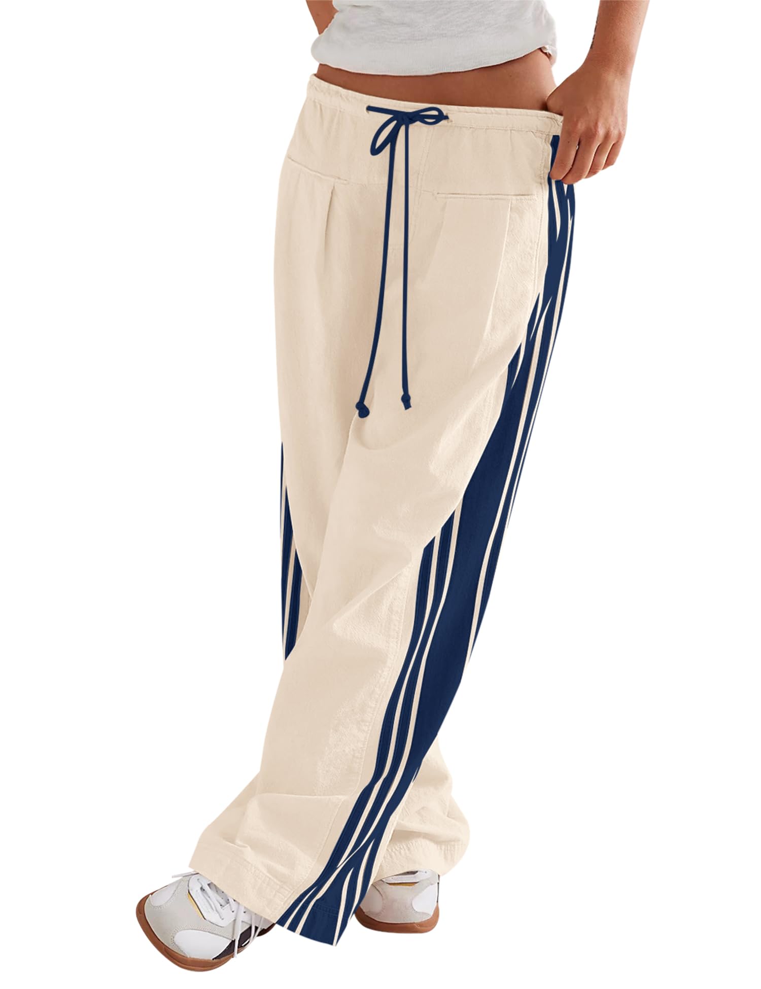LOMON Pants for Women Wide Leg Side Striped Pants Drawstring Baggy Palazzo Work Trousers with Pockets