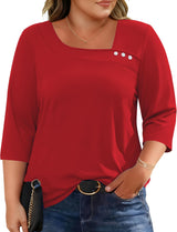 LOMON Womens Plus Size Tops 3/4 Length Sleeve T Shirts Asymmetrical Neck Blouses for Women Fashion 2026