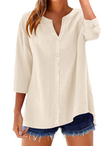 LOMON Womens 3/4 Sleeve Button Down Shirts Cotton Linen Roll Up Short Sleeve Tops V Neck Casual Loose Fit Blouses