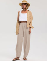 LOMON Linen Barrel Pants Women Wide Leg Palazzo Summer Baggy Harem Pants Boho Casual Trousers with Pockets Beach Vacation